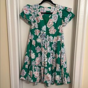 Tanya Taylor Marisol Ruffle-Sleeve Minidress in Chalk Floral Kelly XS